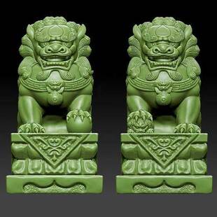 3D石狮子圆雕图三维立体图STL精雕图石雕石狮子左右一对 F3648