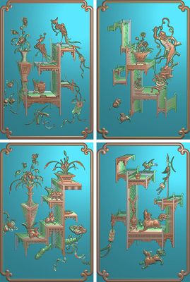 精雕图灰度图博古动物花瓶门板素材狮子凤凰浮雕图柜门带线 F3787