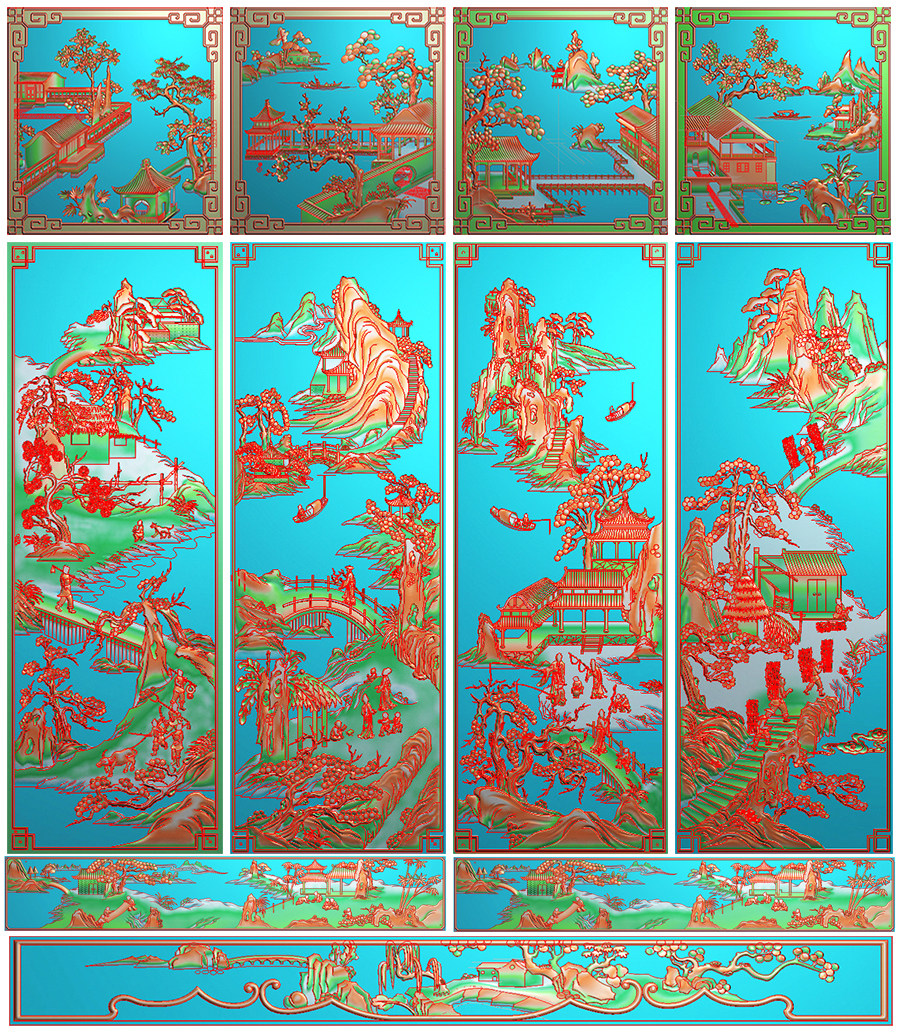 精雕图渔樵耕读山水顶箱柜 山水浮雕鱼樵耕读山水顶箱柜 F4548