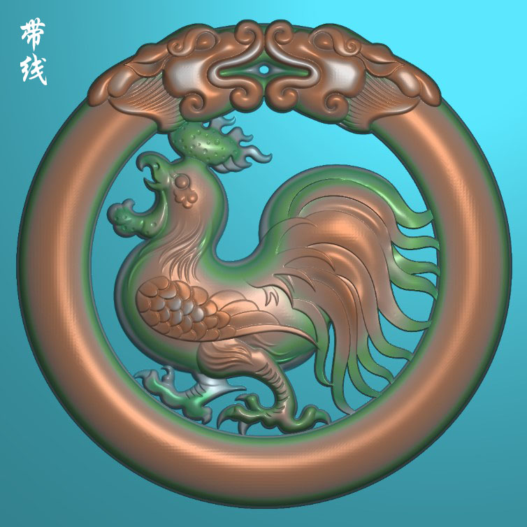 精雕图圆形生肖鸡挂件双面镂空吉祥如意玉雕图灰度图带线 F4235
