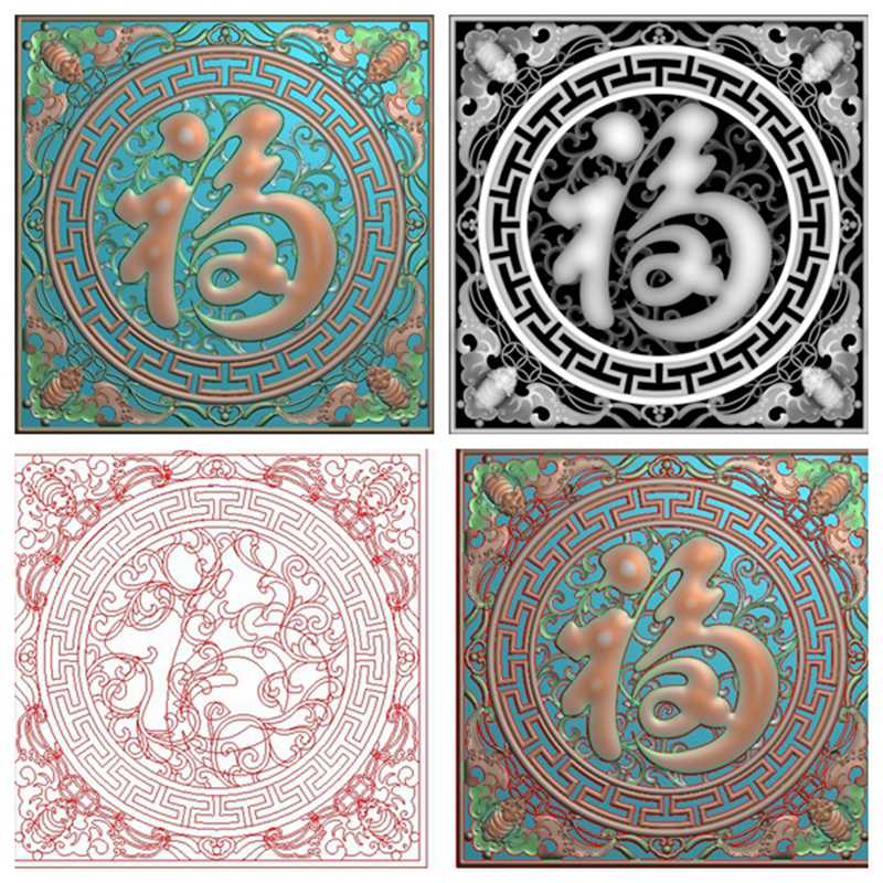 五福临门福字蝙蝠镂空摆屏风花窗精雕JDP灰度BMP木雕石雕图 F4566