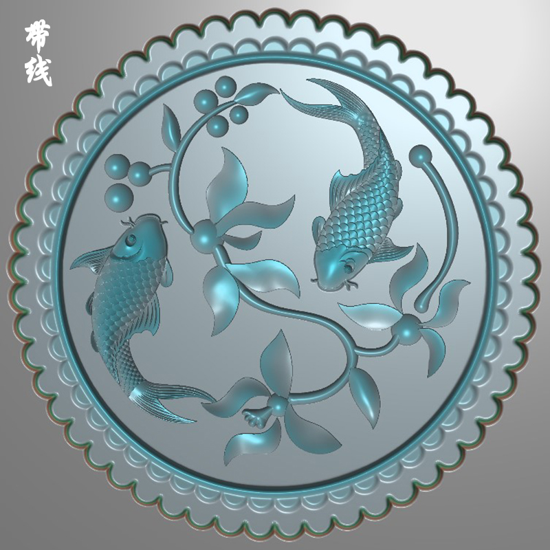 月饼模具雕刻图兰花鱼粑粑精雕图JDP灰度图BMP浮雕图带线 F4503