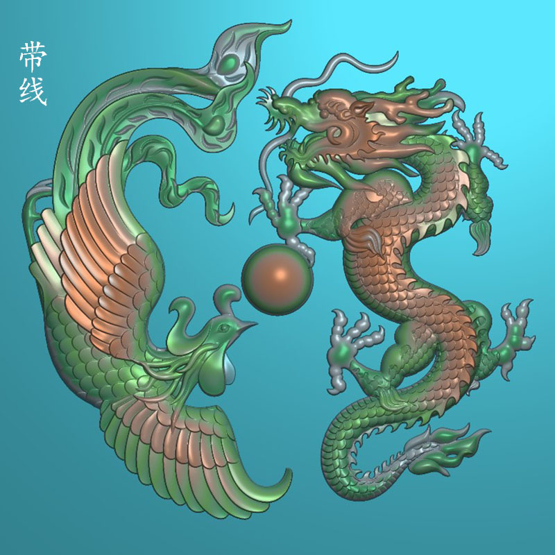 龙凤一对玉佩情侣圆牌浮雕精雕图JDP灰度BMP格式玉雕木雕图 F4093