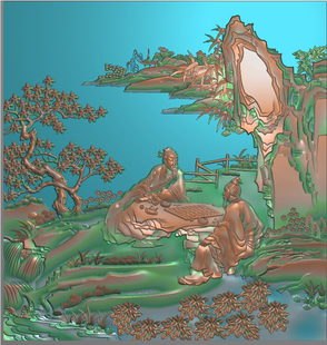 精雕图浮雕雕刻灰度木雕二老下棋人物山水大门小门沙发靠背 F3881