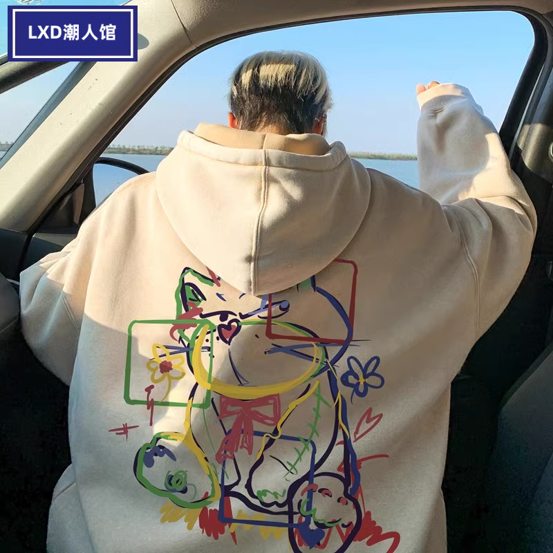 美式高街连帽卫衣男春秋季青少年水洗做旧oversize痞帅上衣外套潮