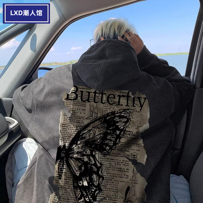 美式复古vintage连帽卫衣男款