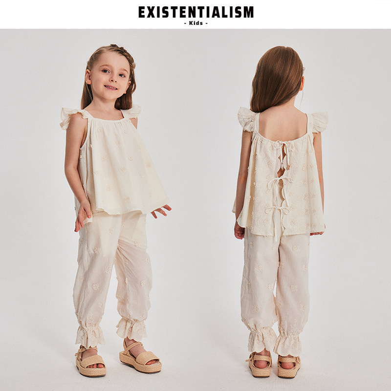 EXISTENTIALISMKids女童夏套装小飞袖刺绣上衣灯笼裤立体花两件套