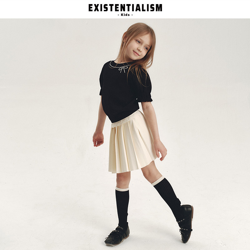 EXISTENTIALISMkids26ss新款短袖百褶裙蝴蝶结提花花瓣袖针织套装