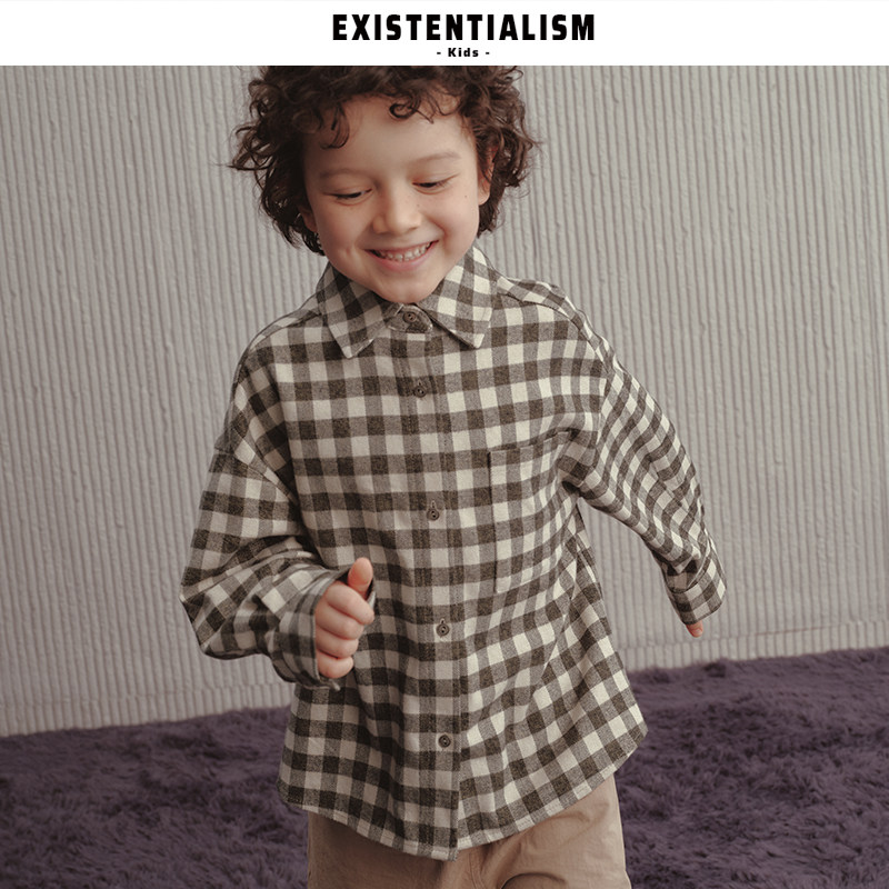 EXISTENTIALISMKids25新款童装柔软亲肤清新休闲衬衣起绒绿格衬衫