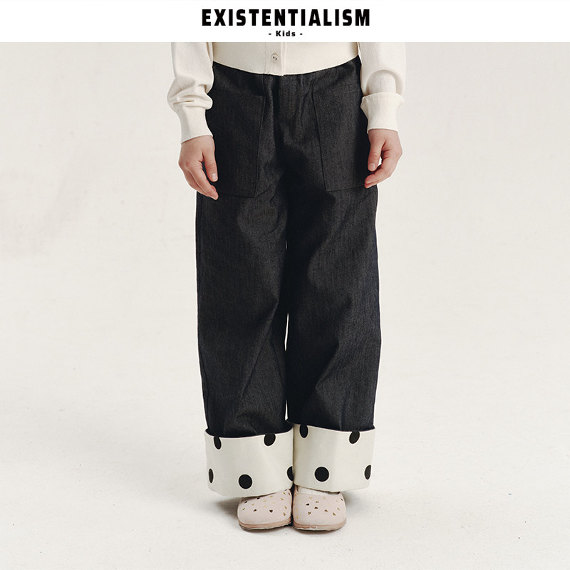 EXISTENTIALISMkids26ss新款复古宽松大口袋直筒裤波点拼色牛仔裤