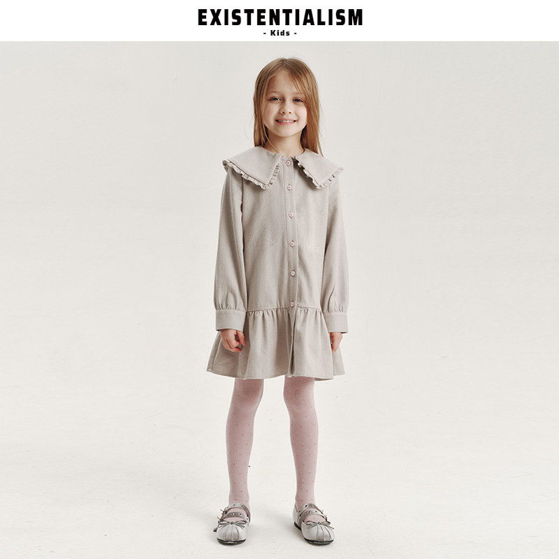 EXISTENTIALISMkids26ss新品娃娃领长袖连衣裙绉纱拼接小香套装
