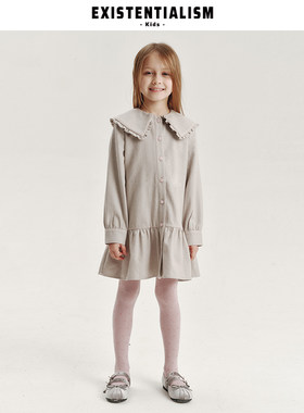 EXISTENTIALISMkids26ss新品娃娃领长袖连衣裙绉纱拼接小香套装
