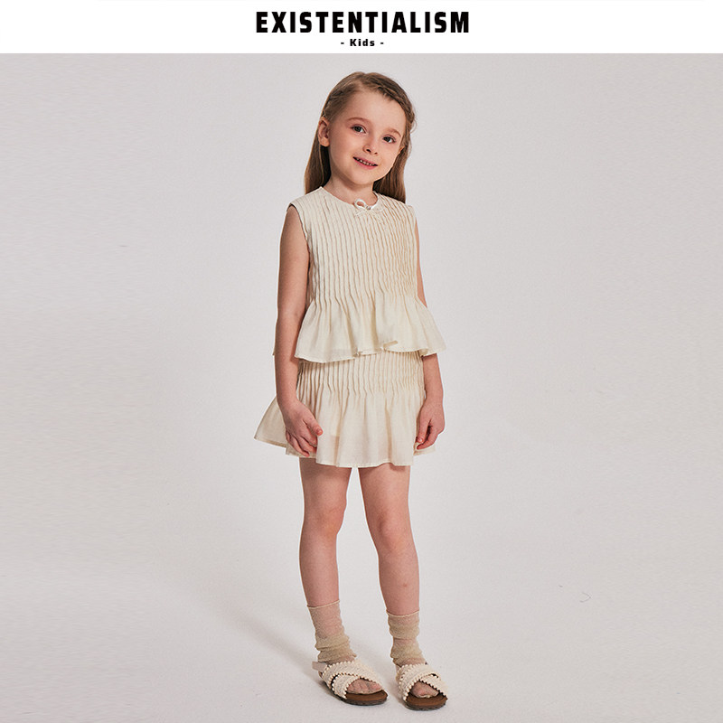 EXISTENTIALISMkids26春夏女童装无袖荷叶边打褶奶杏女童夏季套装