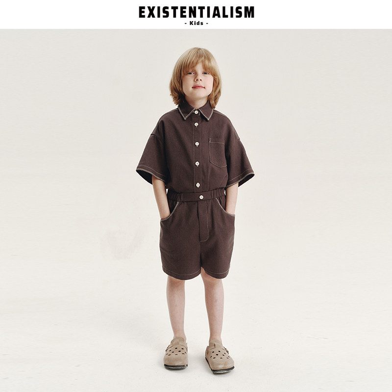 EXISTENTIALISMkids26ss新款休闲翻领上衣五分裤麦穗绣衬衫套装
