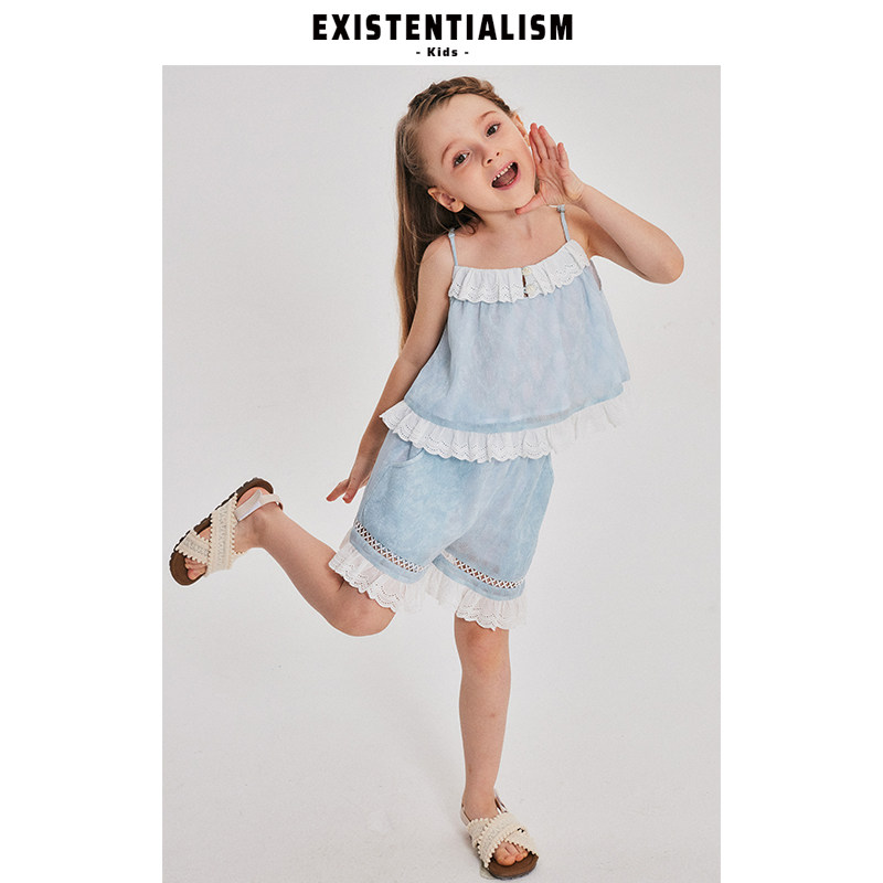 EXISTENTIALISMkids 蓝波浪花边女童套装清新夏装儿童休闲两件套