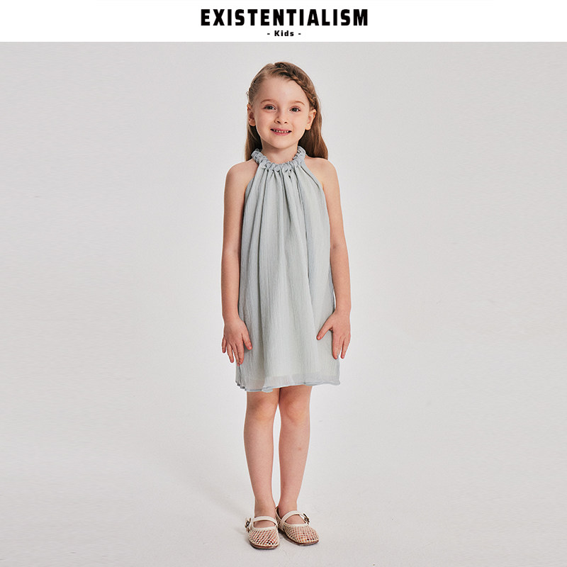EXISTENTIALISMKids女童夏季连衣裙度假风挂脖裙宽松麦穗领吊带裙