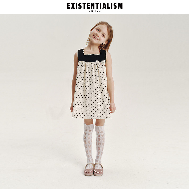 EXISTENTIALISMkids26ss新款女童短裙方领连衣裙贝壳绣波点背心裙