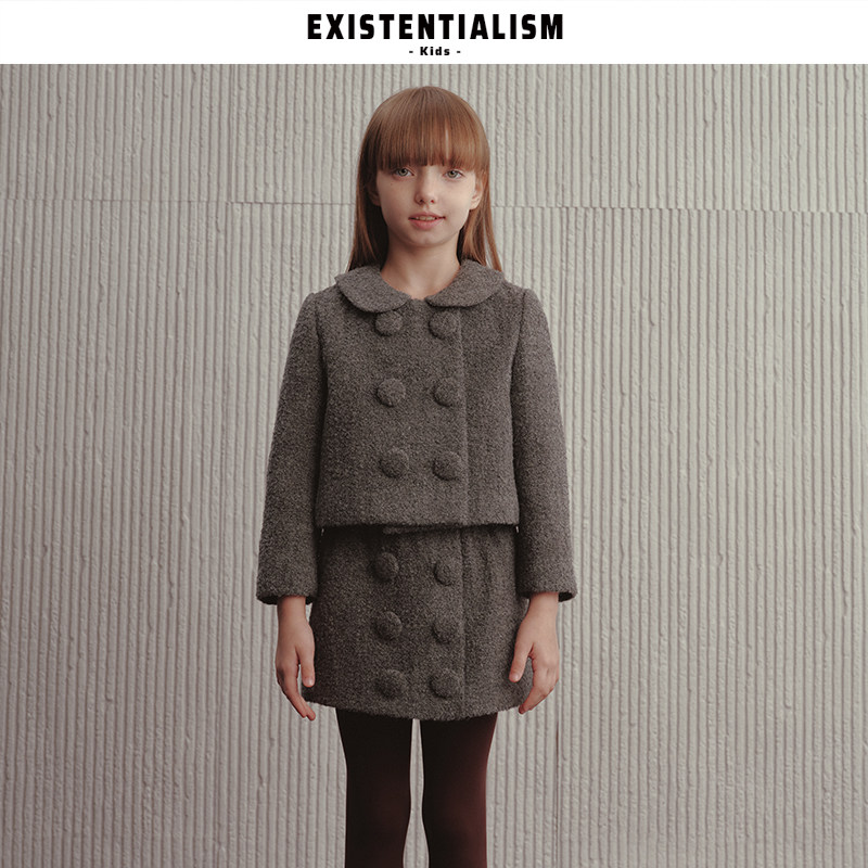 EXISTENTIALISMKids25新款童装复古法式外套+短裙绒毛大纽扣套装