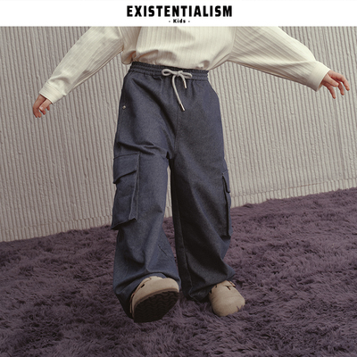 EXISTENTIALISMKids秋季新款宽松抽绳工装裤大口袋弯刀牛仔裤
