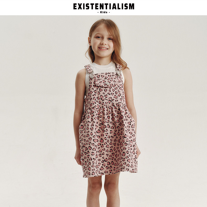 EXISTENTIALISMkids26ss新款女童个性吊带裙粉红豹纹牛仔背带裙