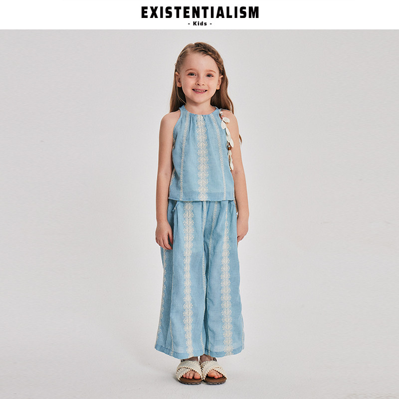EXISTENTIALISMKids女童套装挂脖无袖背心天丝绣花阔腿裤两件套夏