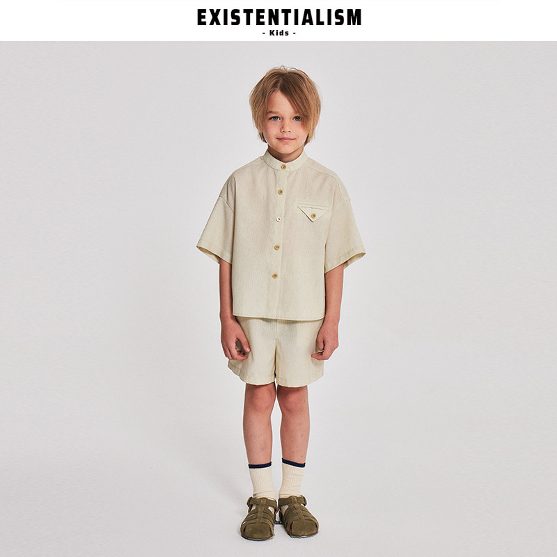 EXISTENTIALISMKids男童套装棉麻透气立领衬衫暗纹短袖短裤两件套