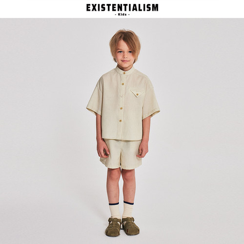 EXISTENTIALISMKids男童套装棉麻透气立领衬衫暗纹短袖短裤两件套