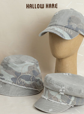 HallowHare复古迷彩洗水日系显脸小软顶棒球帽渔夫帽海军帽