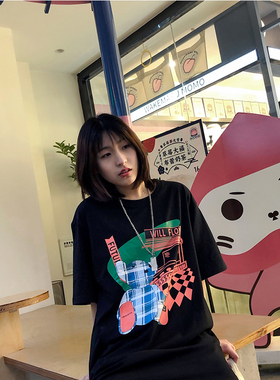 WILL FLOW棋盘格小熊短袖男女国潮嘻哈情侣装街头宽松ins休闲t恤