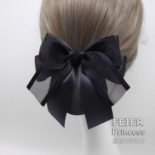 高级感大蝴蝶结护士头花上班族酒店餐饮服务员工作盘发网纯色高档