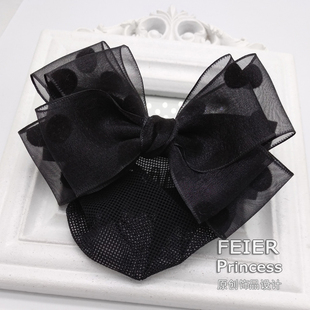 纯手工护士工作头花发网发套大波点绢纱蝴蝶结黑色米色发夹弹簧夹