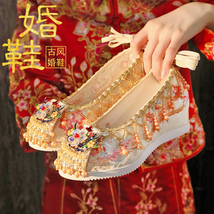 复古秀禾服婚鞋古风汉服鞋新中式平跟金色新娘结婚鞋配马面裙鞋女