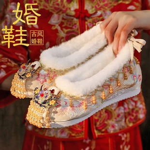 绣花鞋 秋冬加绒秀禾服婚鞋 配旗袍古风古装 婚礼红色汉服棉鞋 女 中式