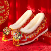 红色结婚鞋 秋冬加棉古风汉服鞋 绣花鞋 配旗袍中式 中式 复古秀禾婚鞋