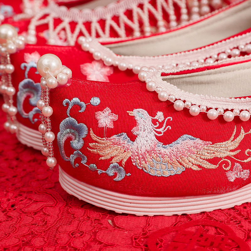 XIUHE WEDDING SHOES WOMENS ORIGINAL PEARL TASSELS HANFU SHOES EMBROIDERED SHOES ANTIQUE STYLE RED BRIDAL SHOES