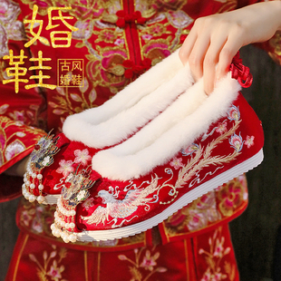 秋冬加绒秀禾服婚鞋中式女古风红色绣花棉鞋汉服鞋新娘结婚内增高