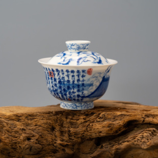 景德镇画堂春陶瓷诗画双绝瑞鹤图瘦金体两才盖碗青花釉下彩手工