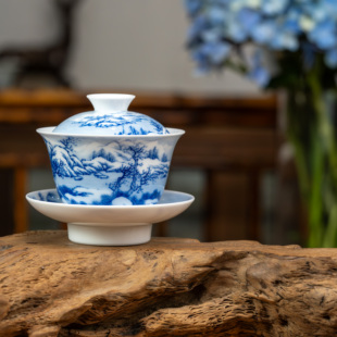 景德镇画堂春陶瓷名画山水张鹏雪景三才盖碗青花瓷釉下彩手工手绘