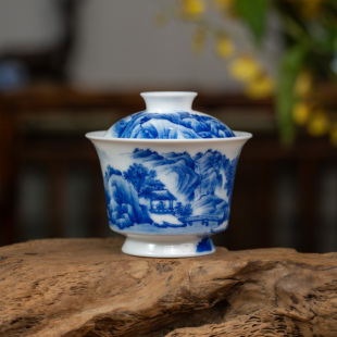 景德镇画堂春陶瓷细工山水两才马蹄盖碗内外绘青花瓷釉下彩手工