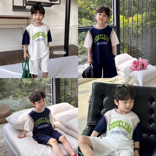 夏季男童运动套装短袖t恤短裤球服宝宝薄款儿童速干假两件篮球服