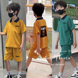 POLO衫 儿童短袖 套装 洋气男童夏装 华夫格t恤休闲女宝宝两件套 短裤