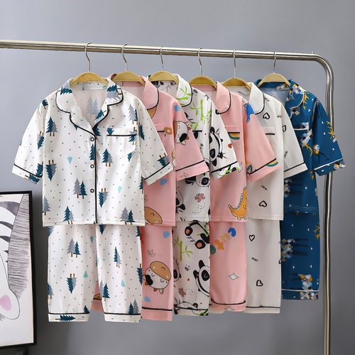 儿童夏季套装薄款小男孩家居服中大童七分袖睡衣开衫女宝宝空调服
