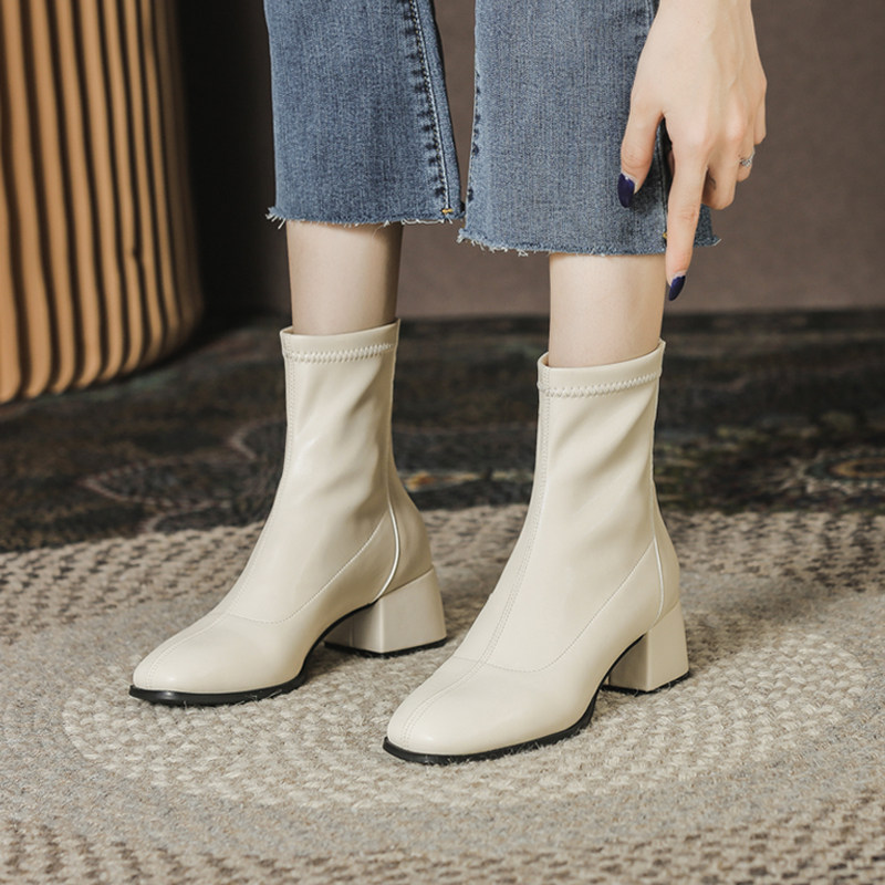 SOFT LEATHER ELASTIC BOOTS WOMENS 2021 NEW AUTUMN AND WINTER BOOTIES KOREAN VERSION OF MID-HEEL BLOCK HEEL BOOTS LOOK THIN FRENCH SKINNY BOOTS