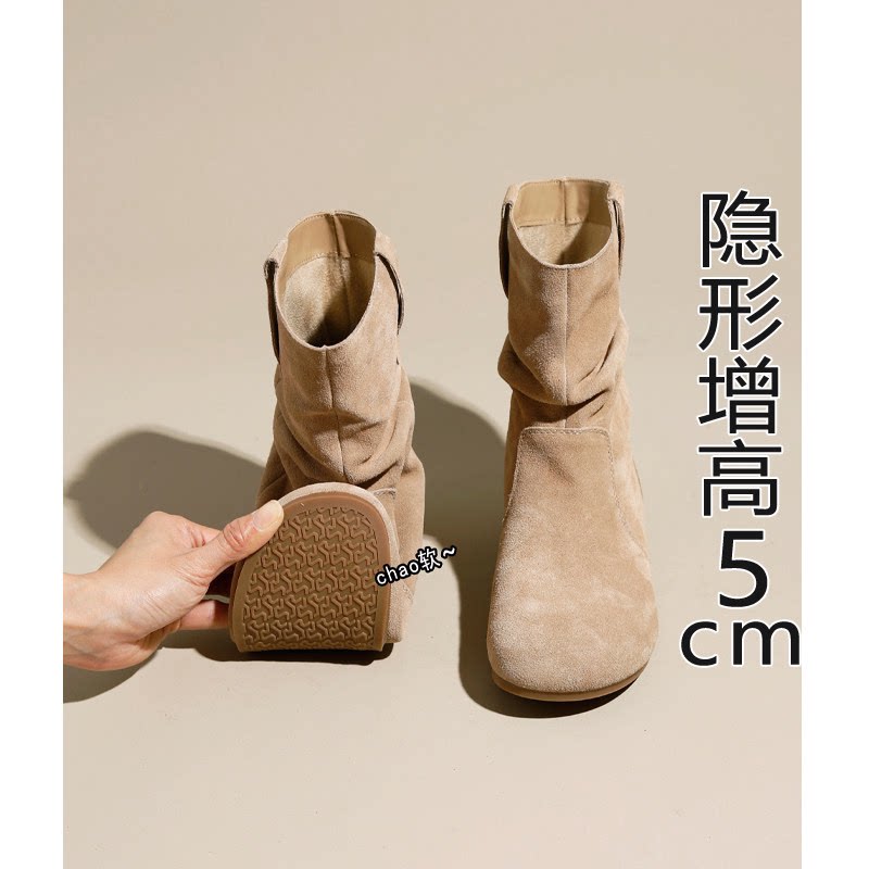 牛皮内增高5cm勃肯短靴牛仔靴