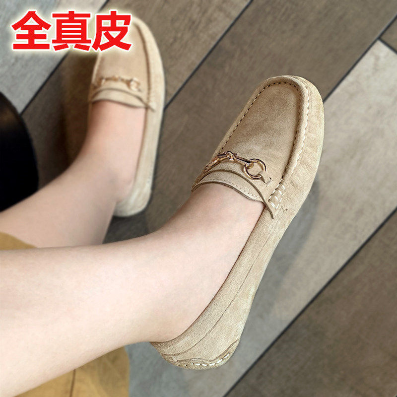 香港夏季真皮豆豆鞋女一脚蹬平底单鞋软底防滑孕妇鞋软皮圆头瓢鞋