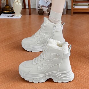 香港真皮高帮鞋女2025冬季加绒加厚保暖棉鞋厚底雪地老爹鞋小白鞋