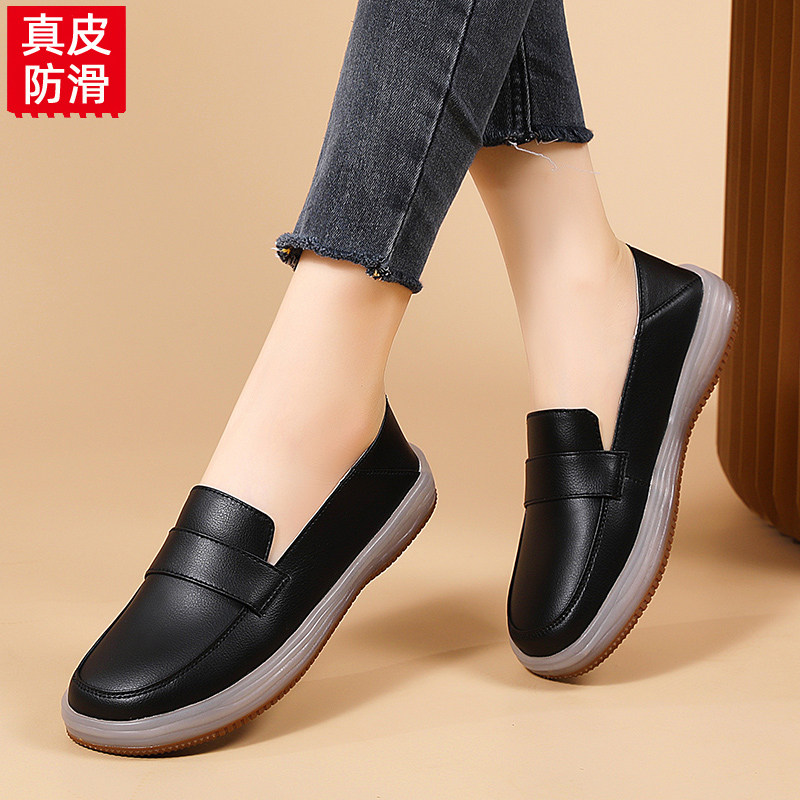 香港真皮黑色牛筋底小皮鞋女软底防水防滑中年妈妈平底鞋工作鞋冬