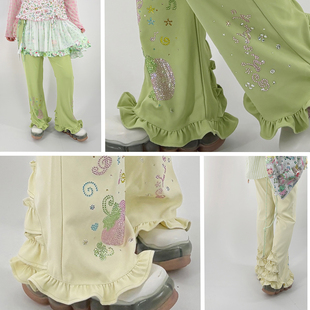 shishihshop西西商店烫钻草莓音符弹力花边长裤 黄色绿色微喇裤