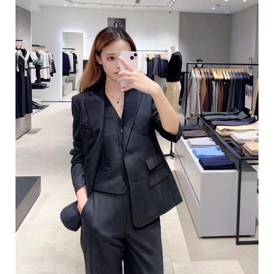 TH海外订单纯原 2024秋冬新品女装 通勤羊毛法兰绒两粒扣直筒西装