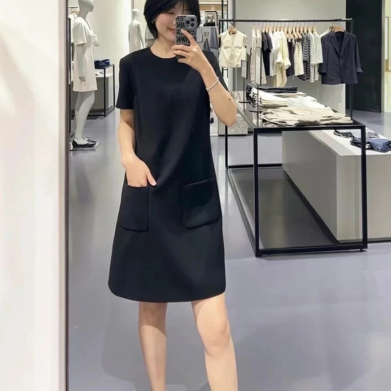 TH三醋酸混纺口袋气质短袖直筒裙